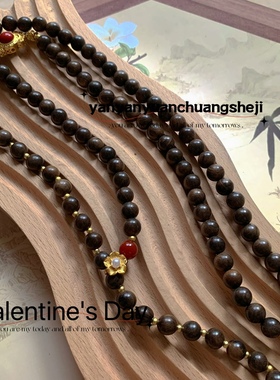 秋冬复古国风贵宝檀香木珠项链红翡Y字链流苏气质百搭毛衣链