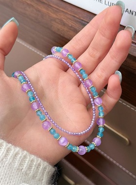 时来运转复古时尚简约高级感紫色天然石项链轻奢百搭叠戴串珠锁骨