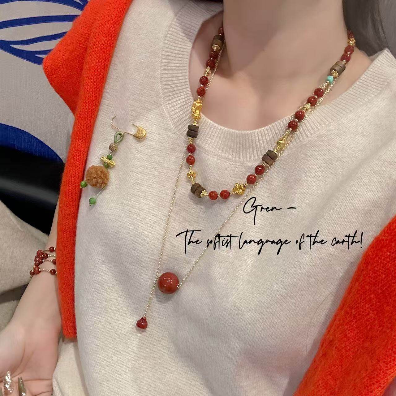 复古南红玛瑙沉香混搭红色项链毛衣链显白时尚百搭休闲气质显白女,淘宝优惠券,粉丝福利购,淘宝优惠卷