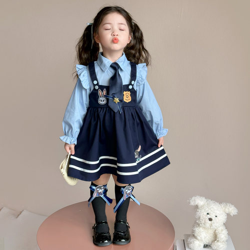 女童学院风连衣裙秋装2025新款兔子警官衣服儿童洋气宝宝公主裙子 - 图1