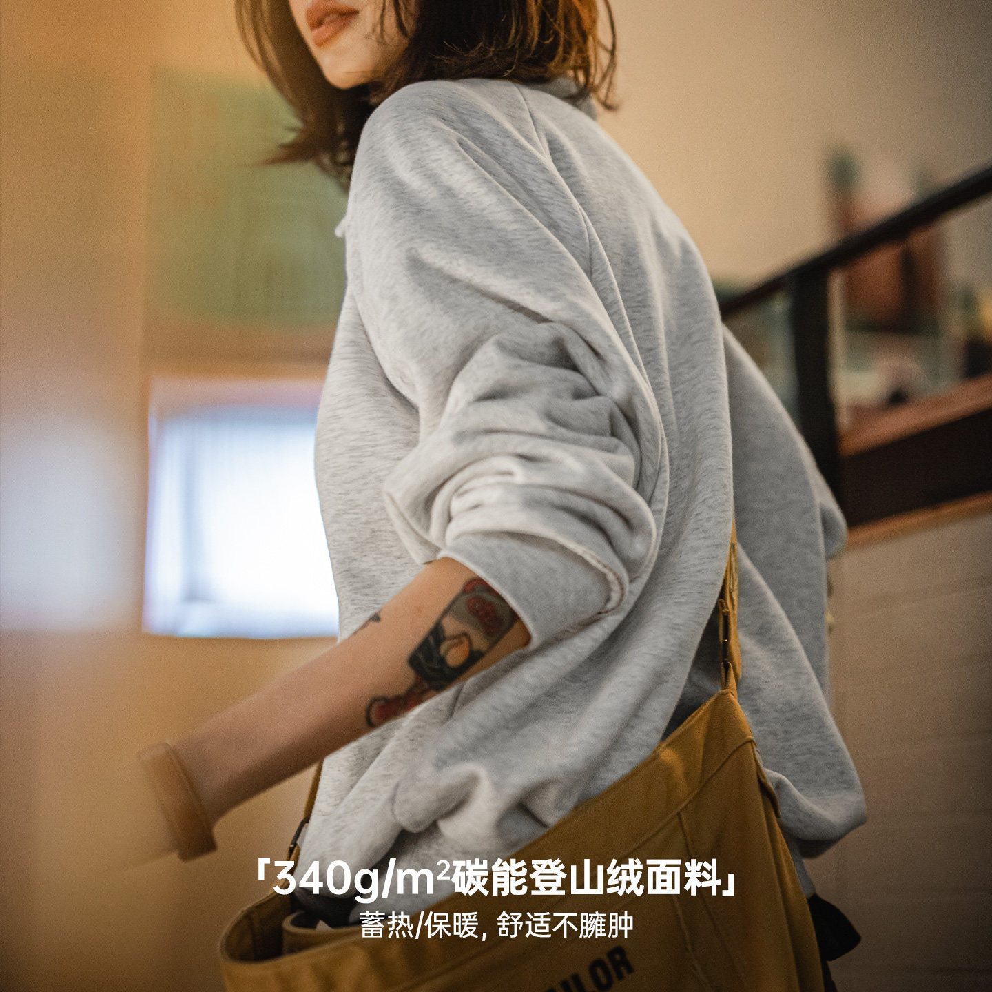 马登复古灰色翻领polo半拉链套头加绒加厚长袖保暖卫衣外穿女秋冬