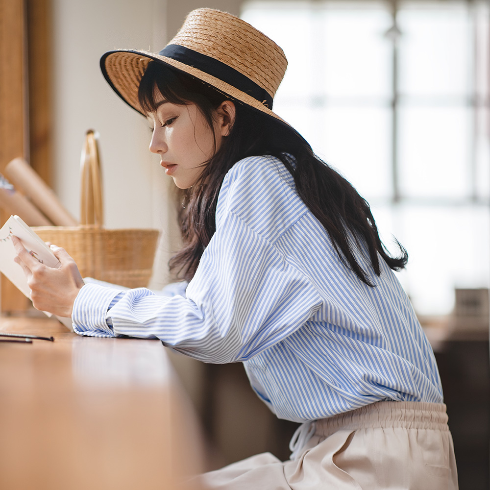 马登女装法式蓝色长袖衬衫休闲棉麻条纹衬衣套装开衫上衣外套秋