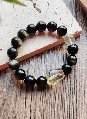 春莳「山屿」收藏级原创天然金曜石黑曜石黄水晶男招财手链女