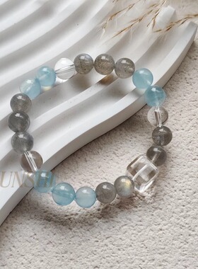 春莳·原创「 靑尘」天然小众海蓝宝灰月光石白水晶稳定情绪手串