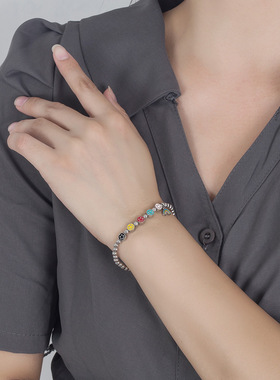 浪漫彩色滴胶笑脸串珠手链女可爱微笑彩虹手串小红书推荐轻奢手绳