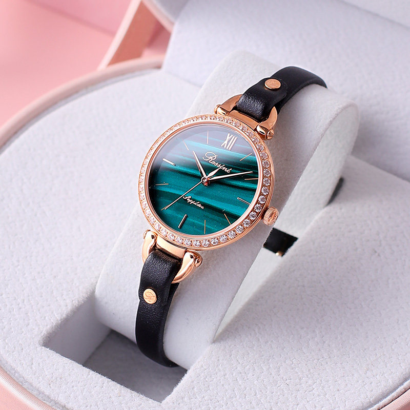 罗西尼手表女石英表正品防水皮带小绿表女士表519898