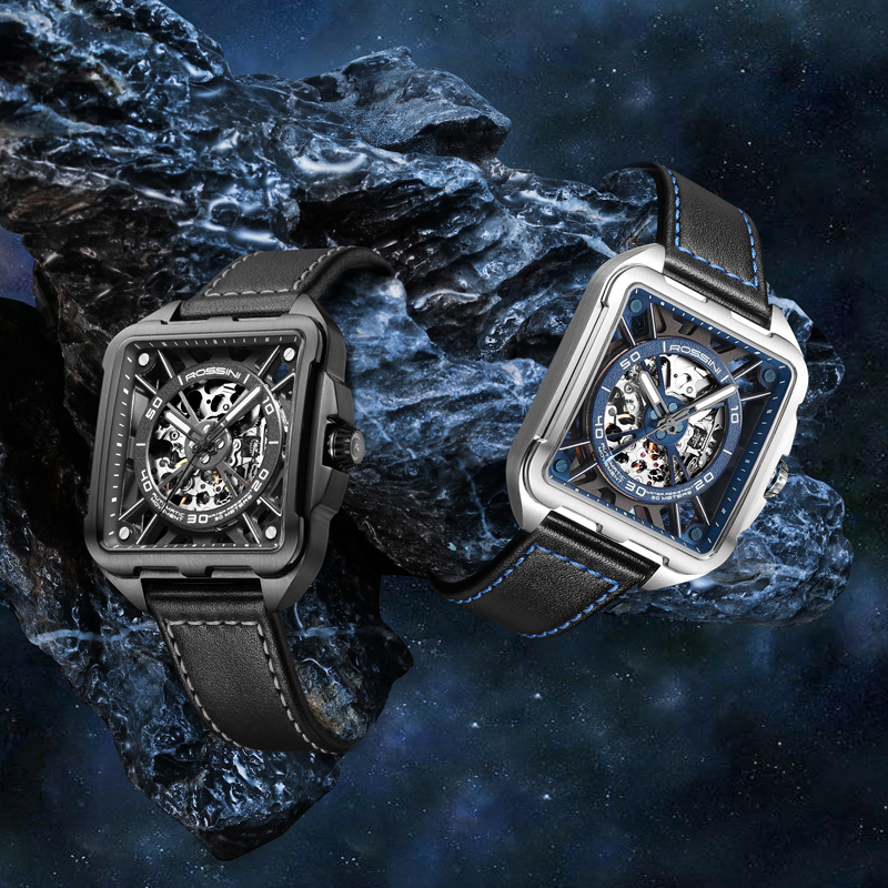 罗西尼官方旗舰机械男表全镂空方形运动夜光男士腕表122465