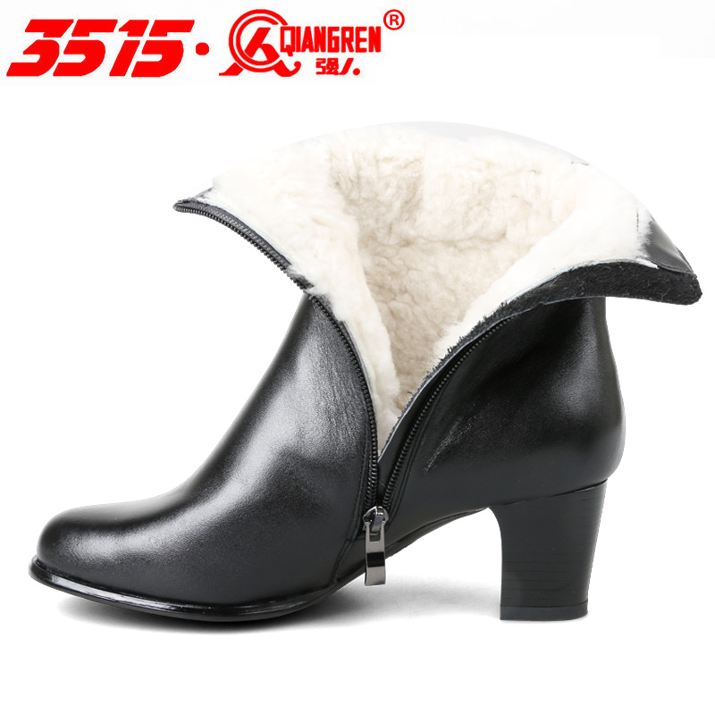 强人3515冬季新款女鞋马丁靴时尚羊毛女靴高跟粗跟短靴女真皮