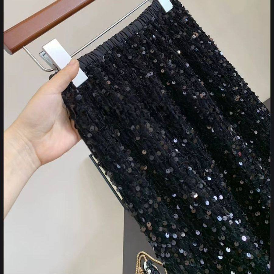 闪光少女女童丝绒黑色亮片半身裙2025春秋儿童新款百搭中长裙子潮,淘宝优惠券,粉丝福利购,淘宝优惠卷