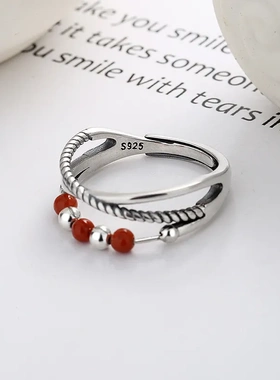 云潮轩s925南红圆珠子转动戒指双层镂空交叉设计开口古风可调节