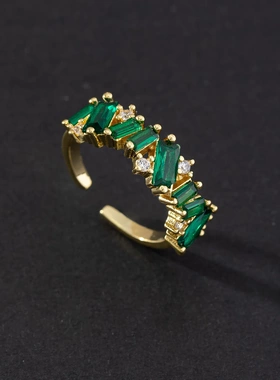 复古祖母绿色宝石戒指锆石眼睛蛇形金属戒指小众设计气质开口戒指