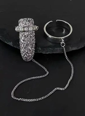 开口调节个性链条套戒珍珠指甲戒指冷淡风指尖不规则熔岩设计指环