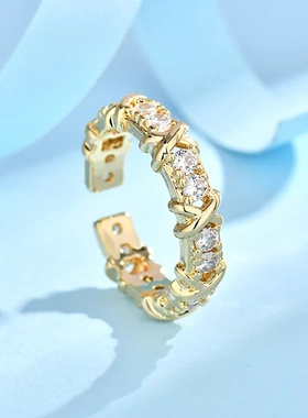新款欧美嘻哈潮流轻奢高级感满钻双色交叉开口戒指女简约个性指环