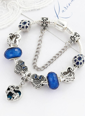 DIY蓝色心形串珠手链 卡通小姐与流浪汉吊坠手链女 可爱魅力手链