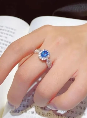 欧美跨境网红直播天空蓝托帕石满钻戒指女时尚个性开口椭圆形指环