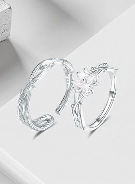 s999纯银森系简约荆棘四叶草心形对戒小众时尚高级设计感情侣戒指