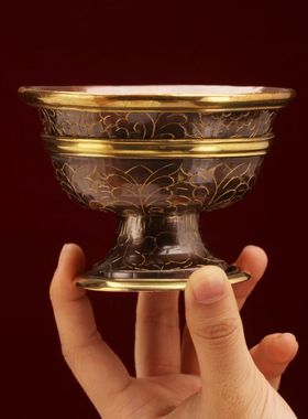 尼泊尔进口紫铜纯手工描金供水碗藏传密宗水杯摆件佛格桑花供杯具