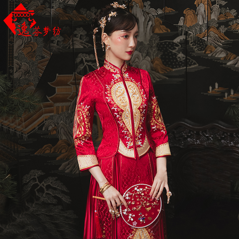 逸芬梦纺旗舰店秀禾服新款结婚秋季新娘礼服龙凤褂中式婚纱婚服中国风敬酒服0