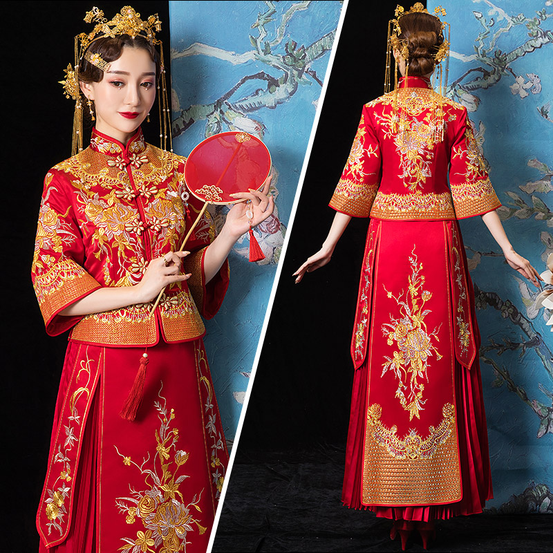 逸芬梦纺旗舰店秀禾服新娘新款夏龙凤褂结婚中式婚纱礼服凤冠霞帔古装敬酒服3