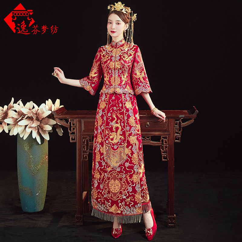 逸芬梦纺旗舰店钉珠褂皇龙凤褂秀禾服新款结婚女新娘旗袍礼服中式婚纱出阁服2
