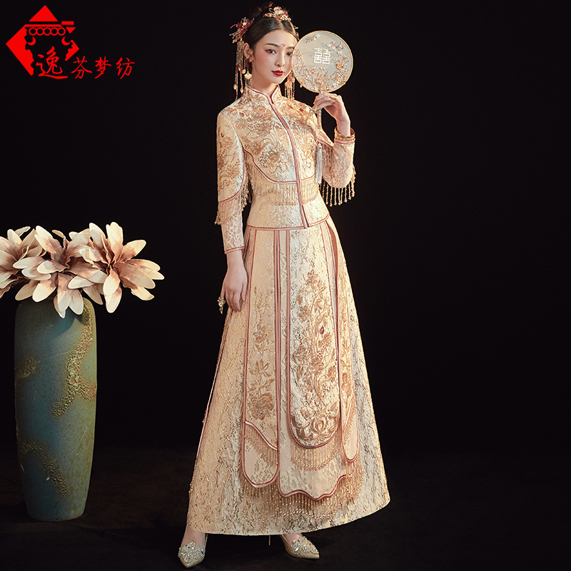 逸芬梦纺旗舰店秀禾服新娘新款金色凤冠霞帔中式结婚旗袍敬酒服婚纱礼服嫁衣2