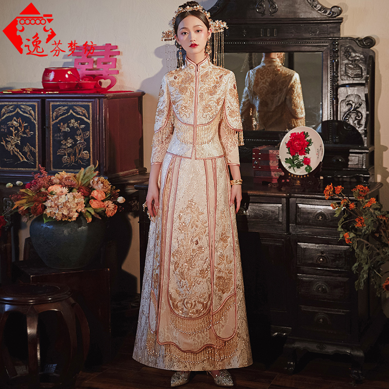 逸芬梦纺旗舰店秀禾服新款香槟金色夏季中国风龙凤褂新娘结婚礼服女婚纱中式2