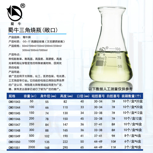 蜀牛三角烧瓶50 100 150 200 250 500 1000 2000ml敞口玻璃锥形瓶广口三角烧瓶喇叭口 - 图3