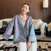 Yang-power Non-suicide gold Golden Overflow Color Genuine Silk Song Jin Blouse Women V Collar New Chinese Coat Flower Movie Selfie and Autumn 3458