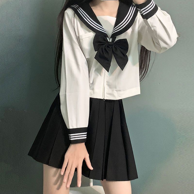 【三本水手服-合集】正统黑绀JK制服基础校服校供长短袖送领结-图2