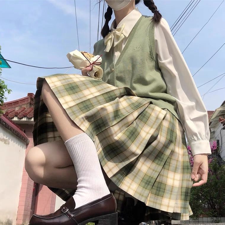 新款现货【抹茶威化】掉落日系JK制服裙少女高腰格裙百褶裙送领结 - 图0