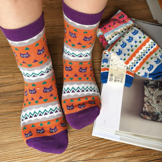 Free shipping on 6 pairs of contrasting color japanese retro ethnic style mid-calf socks pure cotton cat autumn and winter casual workwear style