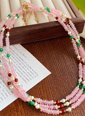 珠天然复古链粉晶玉髓锁骨撞色