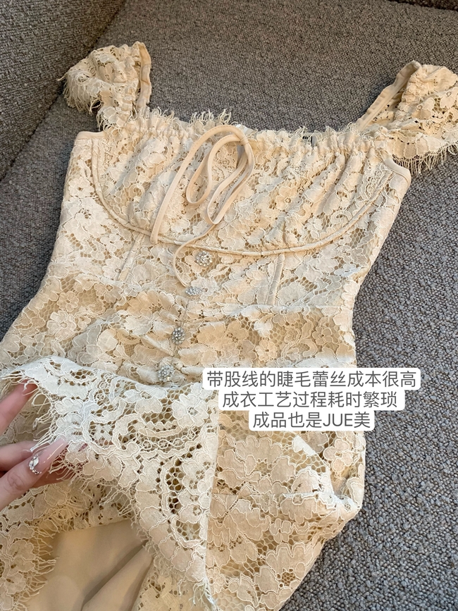 蕾丝连衣裙女夏季方领纯欲风辣妹抹胸裙高级感紧身包臀裙子 - 图0