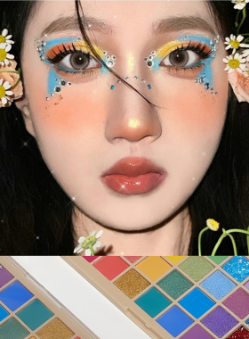 舞台妆彩色眼影盘亮片闪粉儿童演出化妆师专用蓝绿粉色彩妆盘新款