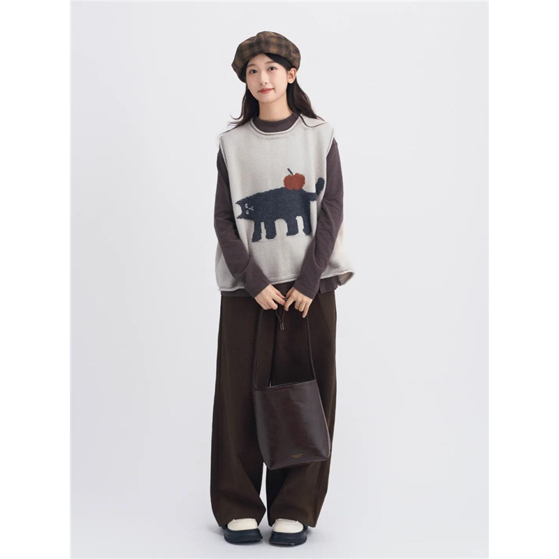 胖MM200斤特大码卡通显瘦无袖女新款韩宽松复古趣味针织套头马甲 - 图1