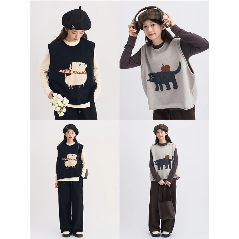 胖MM200斤特大码卡通显瘦无袖女新款韩宽松复古趣味针织套头马甲 - 图3