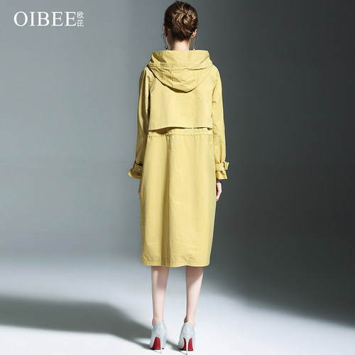 OIBEE2023女中长款春季新款风衣时尚连帽过膝休闲长风衣外套 - 图2