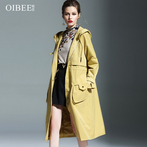 OIBEE2023女中长款春季新款风衣时尚连帽过膝休闲长风衣外套 - 图0