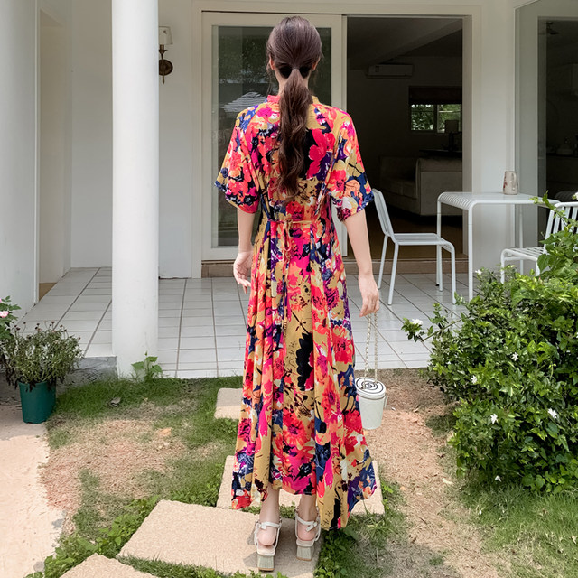 Summer loose cotton silk dress women's new young mother retro style stand-up collar short-sleeved slim mid-length skirt