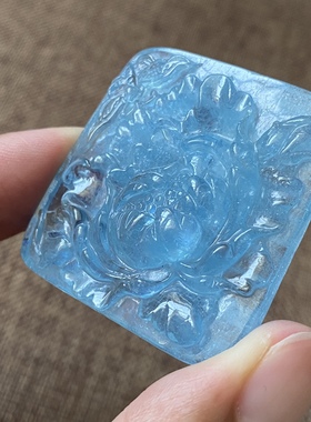 精品天然海蓝宝花开富贵吊坠大号蓝色花冰种冰透体一物一图女水晶