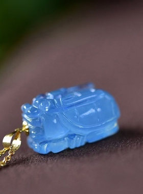 天然海蓝宝龙龟吊坠冰种蓝色神兽14k金镶嵌女水晶挂件送链子特价