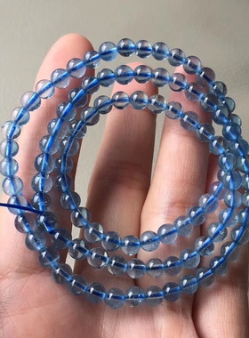 新款5mm天然海蓝宝三圈手链 精品级蓝色手串 女生水晶佛珠 保真