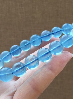 正品11mm天然海蓝宝手链精品级蓝色男女水晶手串单圈冰种透体保真
