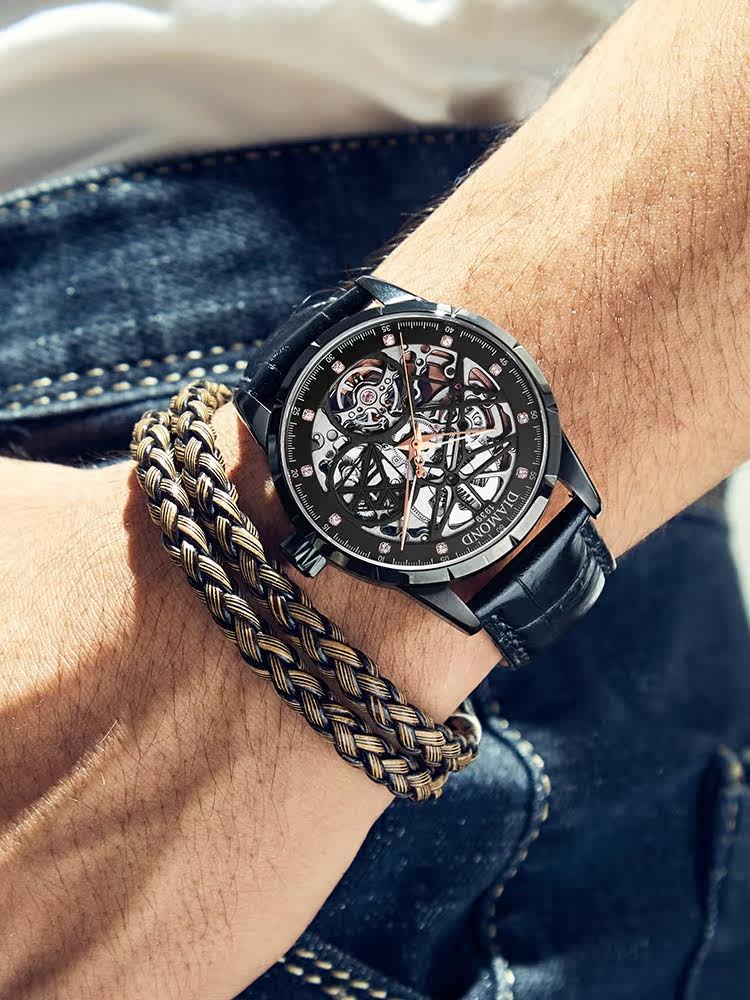 上海钻石牌自动镂空透底运动机械表 好星晴手表国产腕表