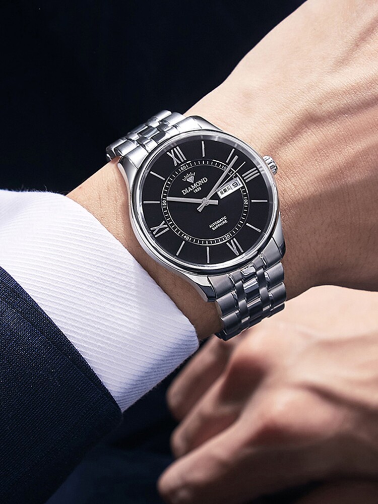 上海钻石牌男全自动商务正品机械表 好星晴手表国产腕表