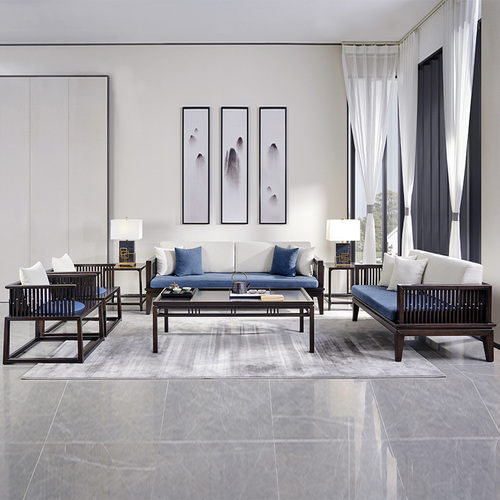东墅现代新中式全实木真皮布艺沙发组合轻奢禅意黑檀木客厅家具P6