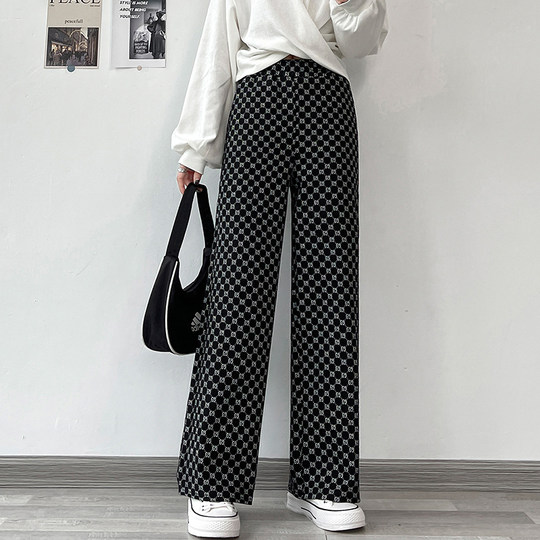 印花阔腿裤子女士秋冬季2024新款高腰口袋宽松直筒格子拖地休闲裤