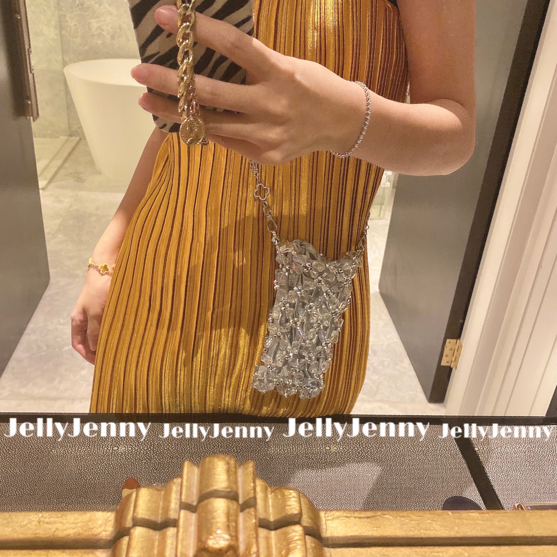 JellyJenny夏日清凉迷你幻彩水晶石透明手机包串珠链条小挎包-图1