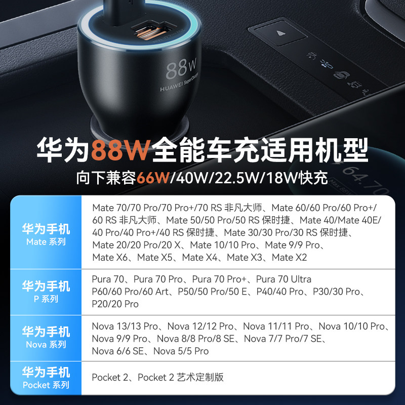 华为车载充电器88w原装正品超级快充mate60/70/Pro汽车点烟器插头