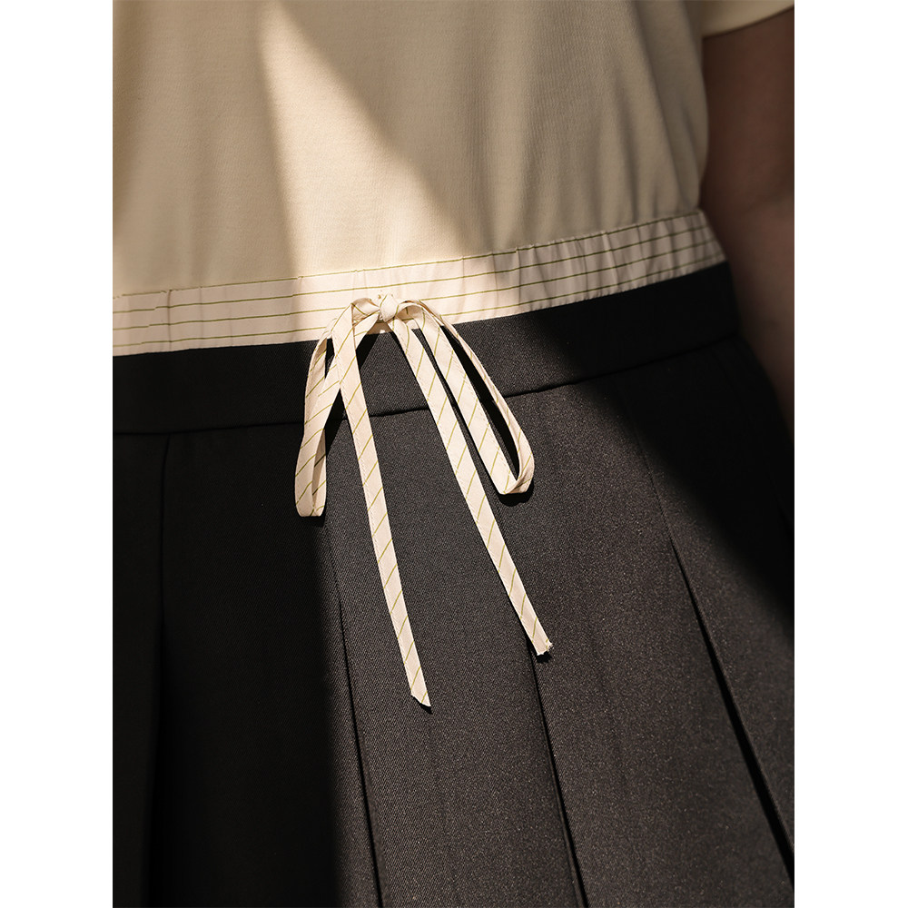 小波家2025秋季胖mm韩版撞色拼接抽绳百搭压褶百褶裙,淘宝优惠券,粉丝福利购,淘宝优惠卷